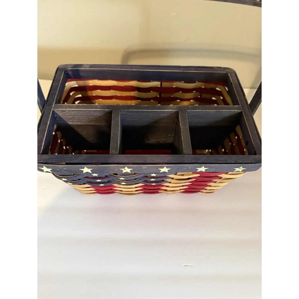 Country Cottage Woven Wood Utensil Basket Patriotic American Flag Stars Stripes